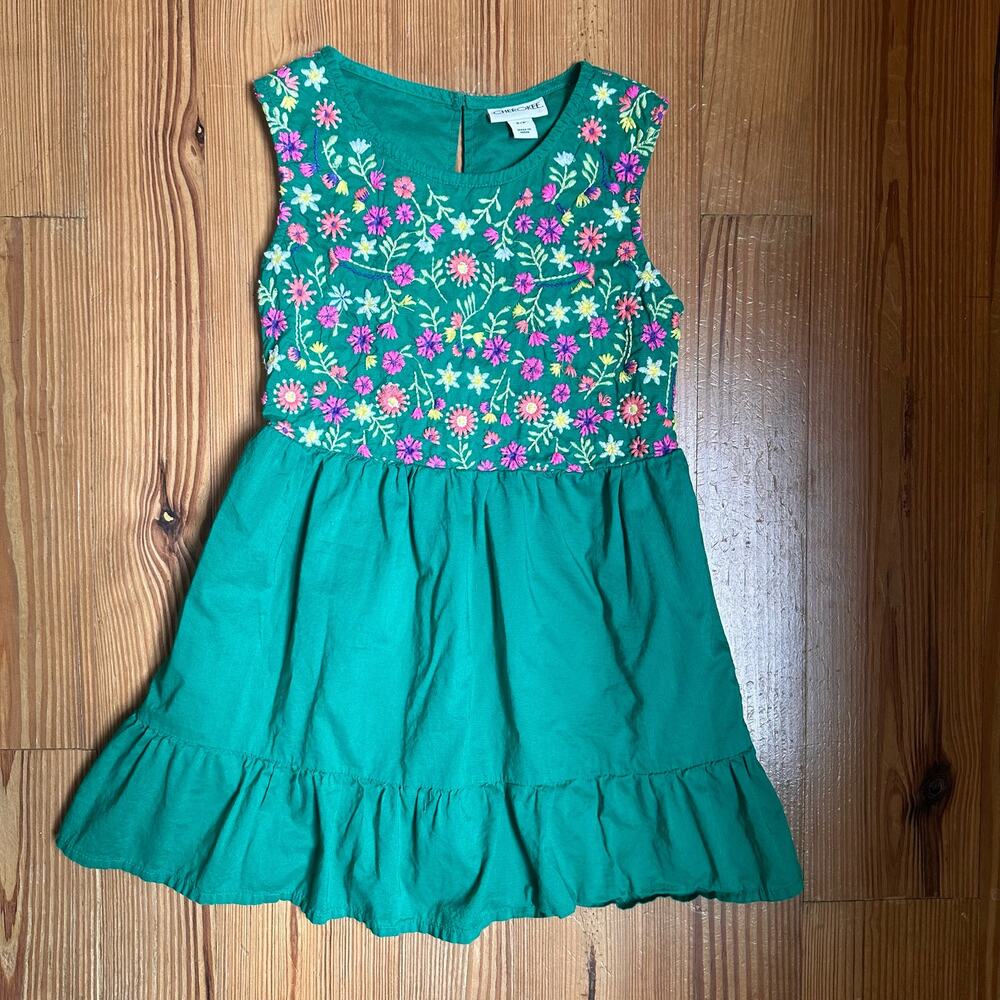 Cherokee green floral embroidered ruffle dress SIZE S